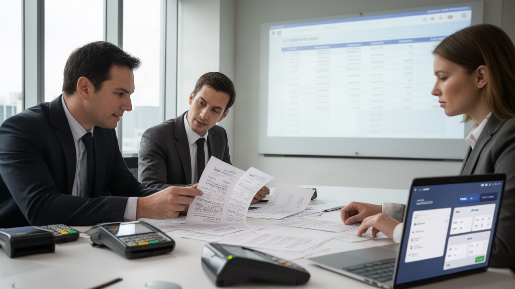 Equipe empresarial analisando extratos e relatórios de recebíveis em sala comercial