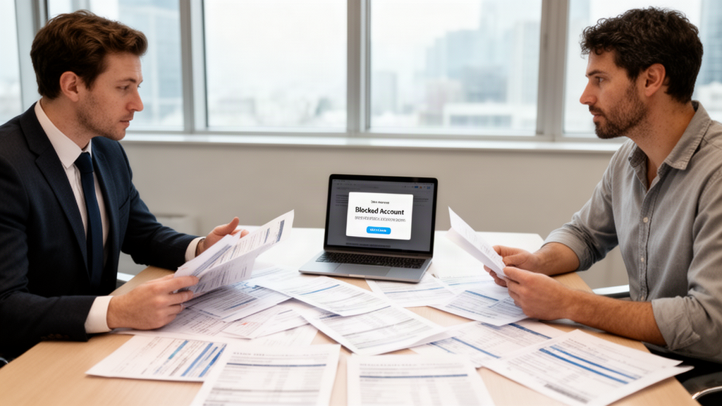 Advogado e gestor empresarial analisando extratos e planilhas em escritório moderno