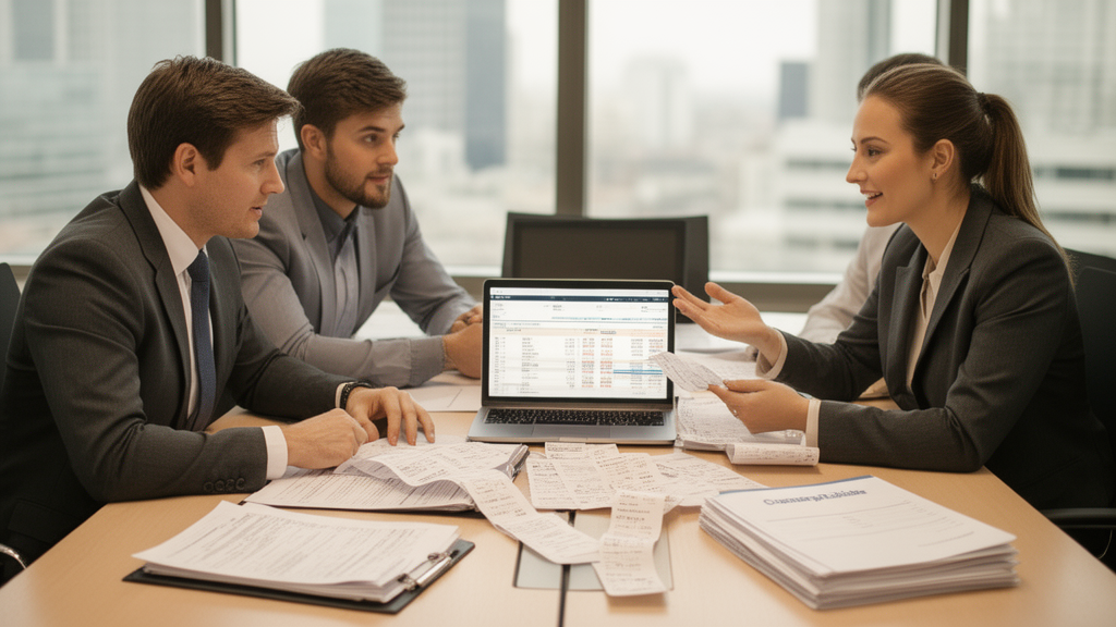 Equipe analisando extratos e notas fiscais em mesa de reunião para contestar bloqueio de recebíveis