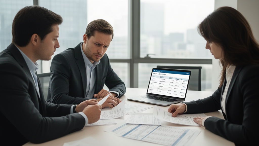 Equipe empresarial analisando extratos bancários e planilha de fluxo de caixa em escritório claro