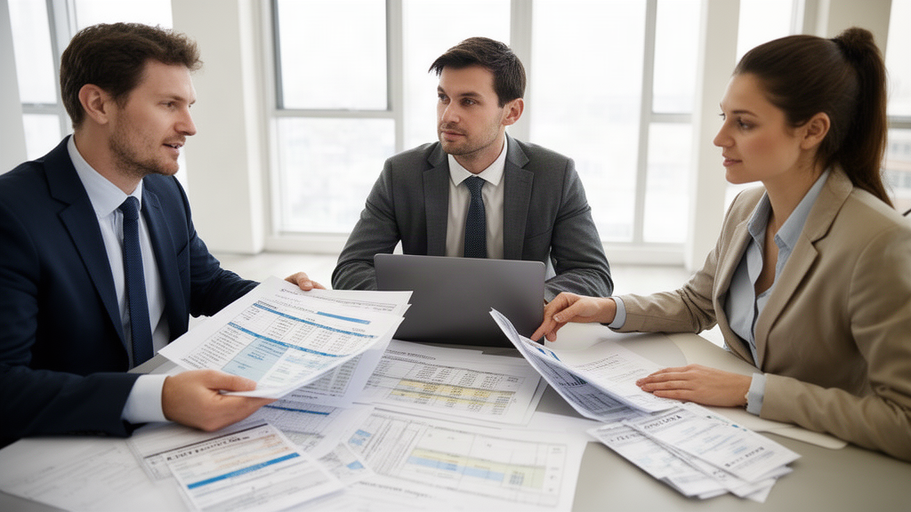 Equipe empresarial analisando fluxo de caixa e folhas de pagamento em escritório claro