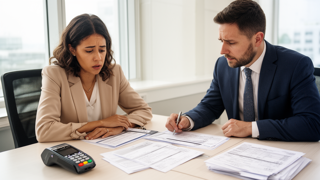 Empresário e advogado analisando contratos e maquininha em escritório claro