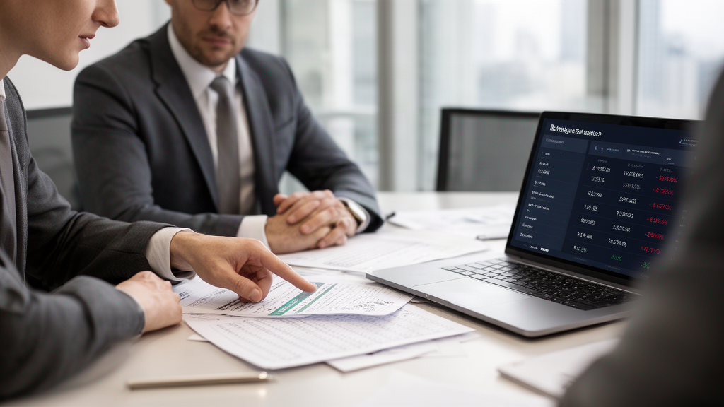 Advogado e gestor empresarial analisando extratos e planilha de recebíveis do marketplace em escritório moderno