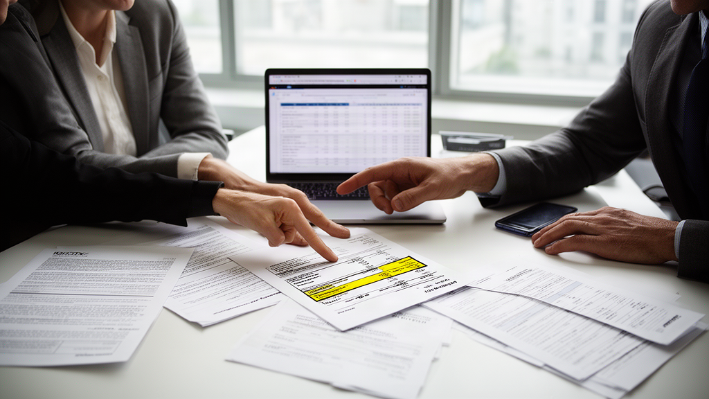 Equipe empresarial revisando contratos e extratos para defesa contra penhora de faturamento
