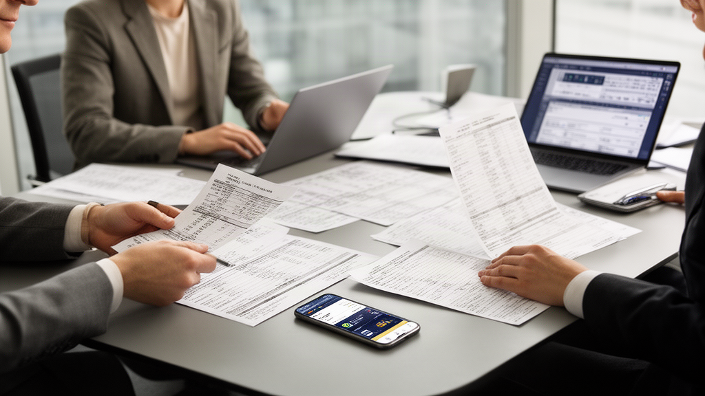 Equipe jurídica analisando relatórios financeiros e extratos bancários em ambiente corporativo