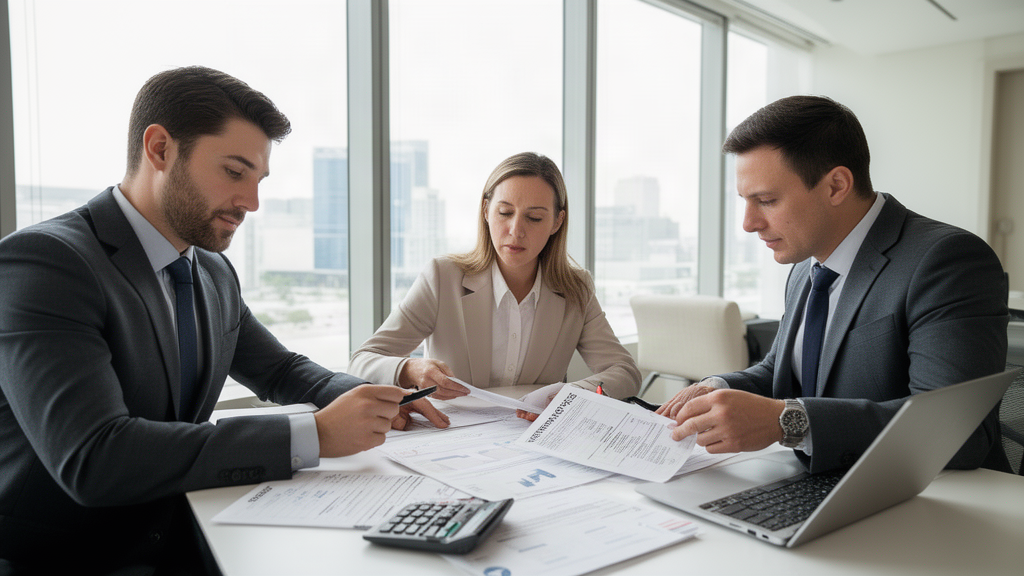 Executivos analisando apólice e planilhas financeiras numa sala de reunião com luz natural