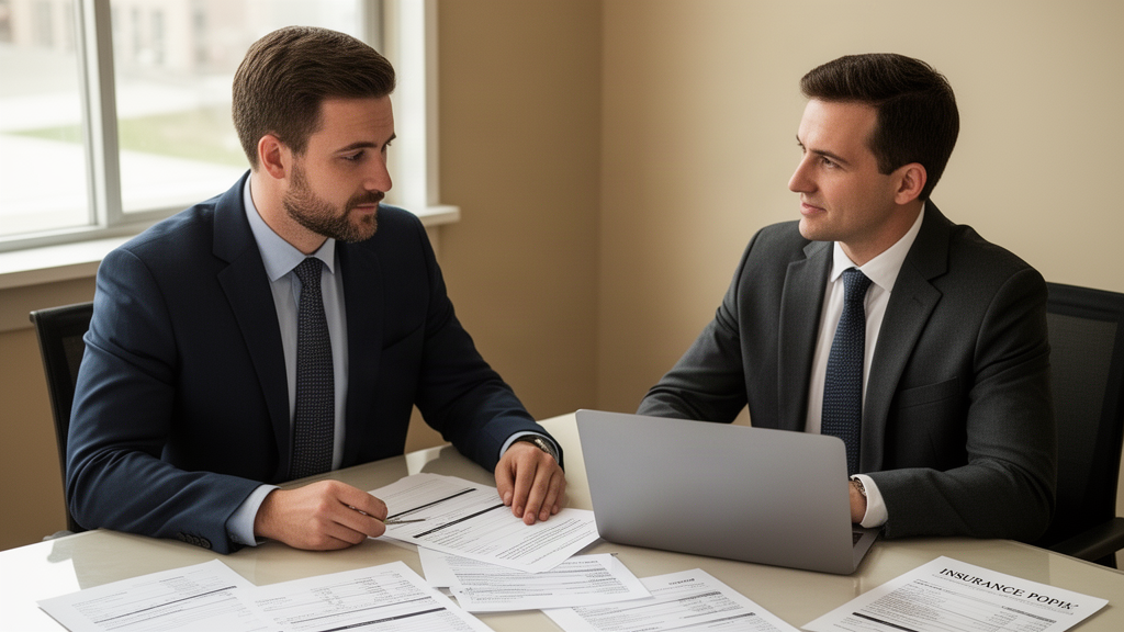 Advogado e empresário analisando apólice e extratos em escritório corporativo