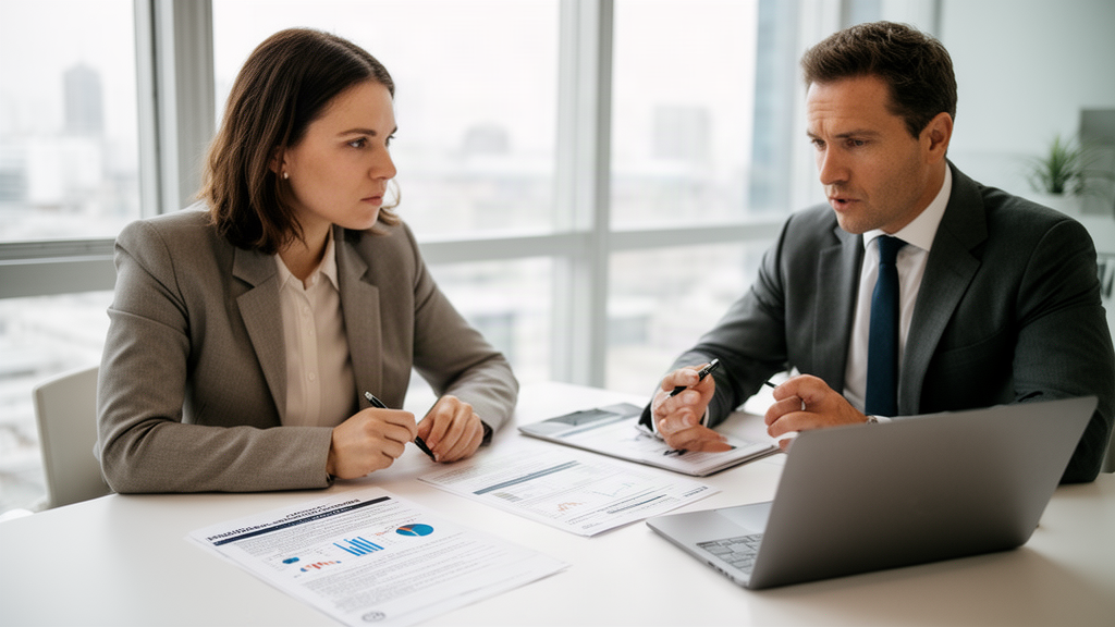 Advogado e executivo analisando apólice de seguro e documentos financeiros em escritório corporativo