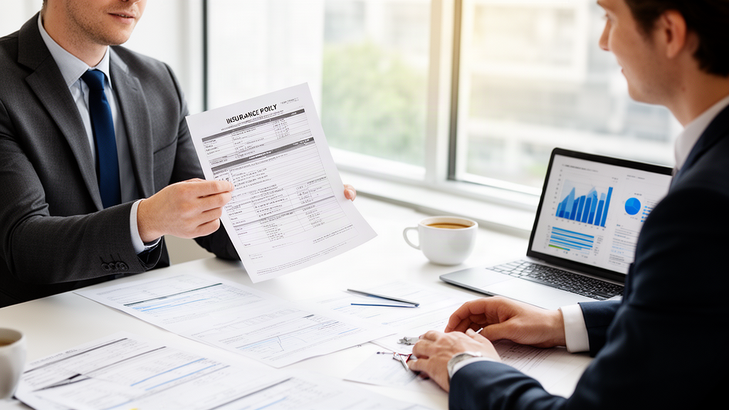 Equipe financeira de PME analisando apólice de seguro garantia em escritório claro