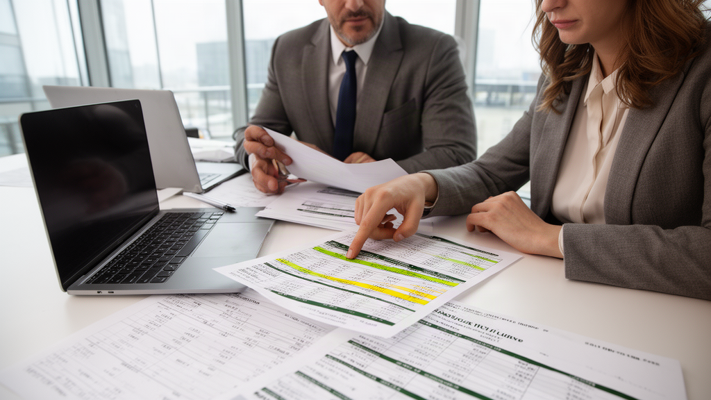 Equipe empresarial analisando extratos e fluxo de caixa em escritório claro