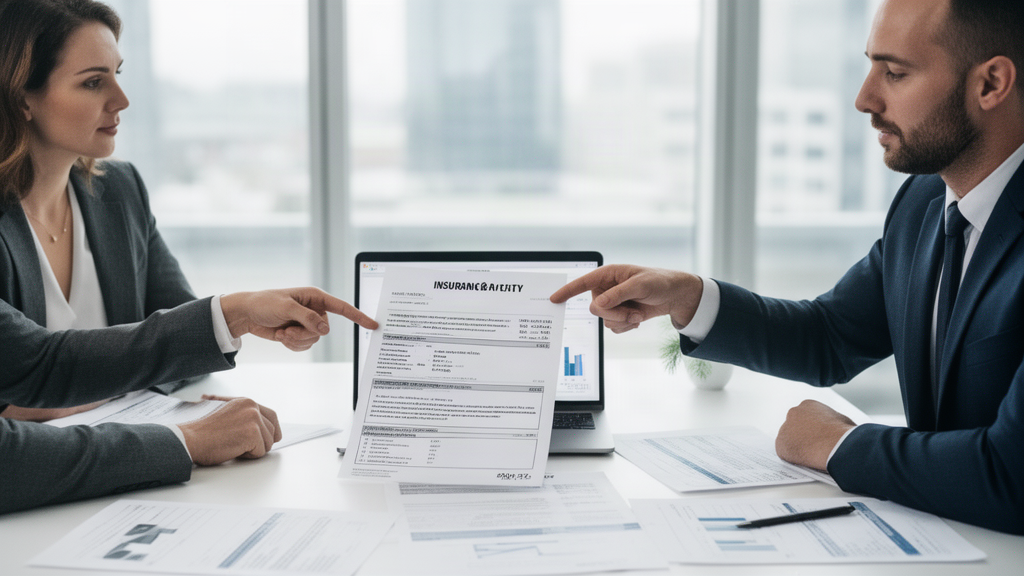Equipe empresarial em escritório revendo apólice de seguro garantia e documentos financeiros