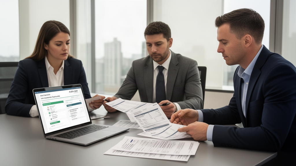 Equipe empresarial analisando extratos e folha de pagamento em escritório moderno