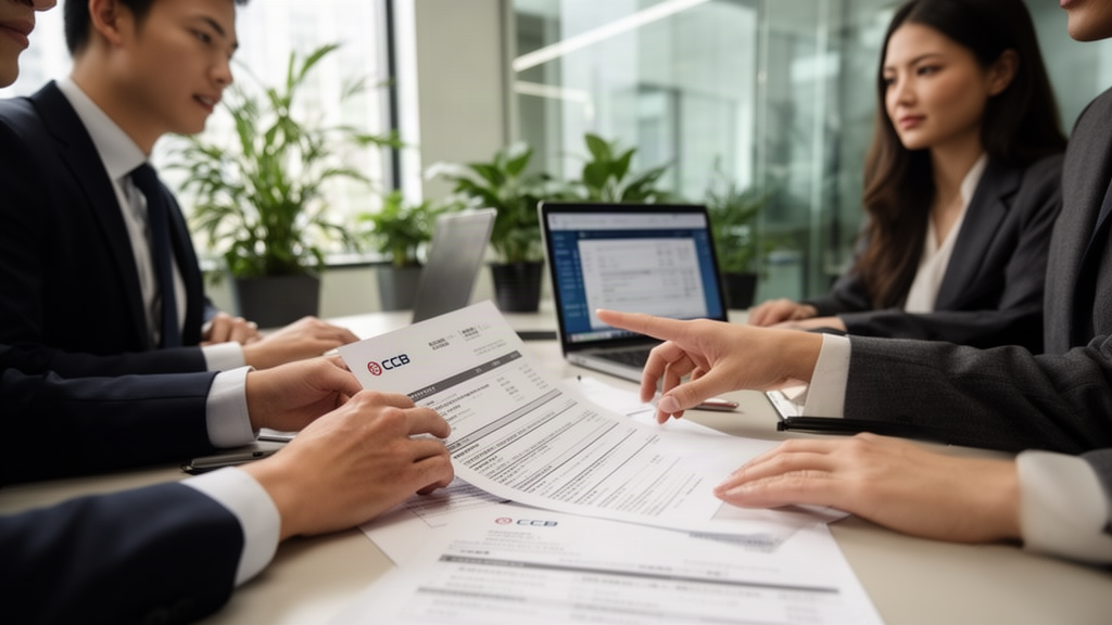 Reunião empresarial com documentos bancários e planilhas sobre mesa, equipe analisando contrato