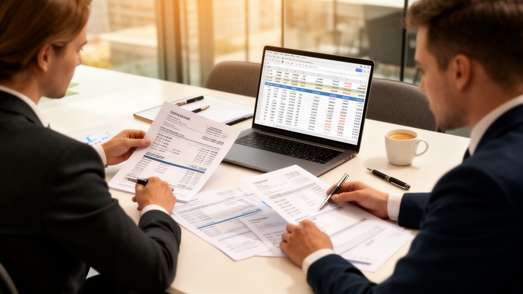 Advogado e contador analisando extratos e relatório de conciliação em escritório moderno