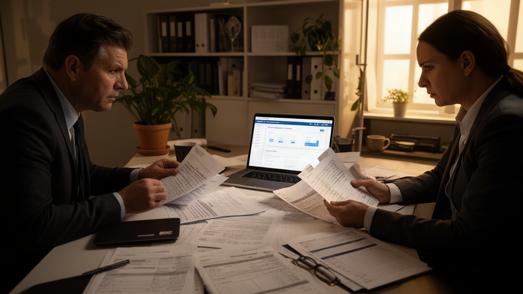 Equipe financeira analisando extratos e fluxo de caixa em escritório à noite
