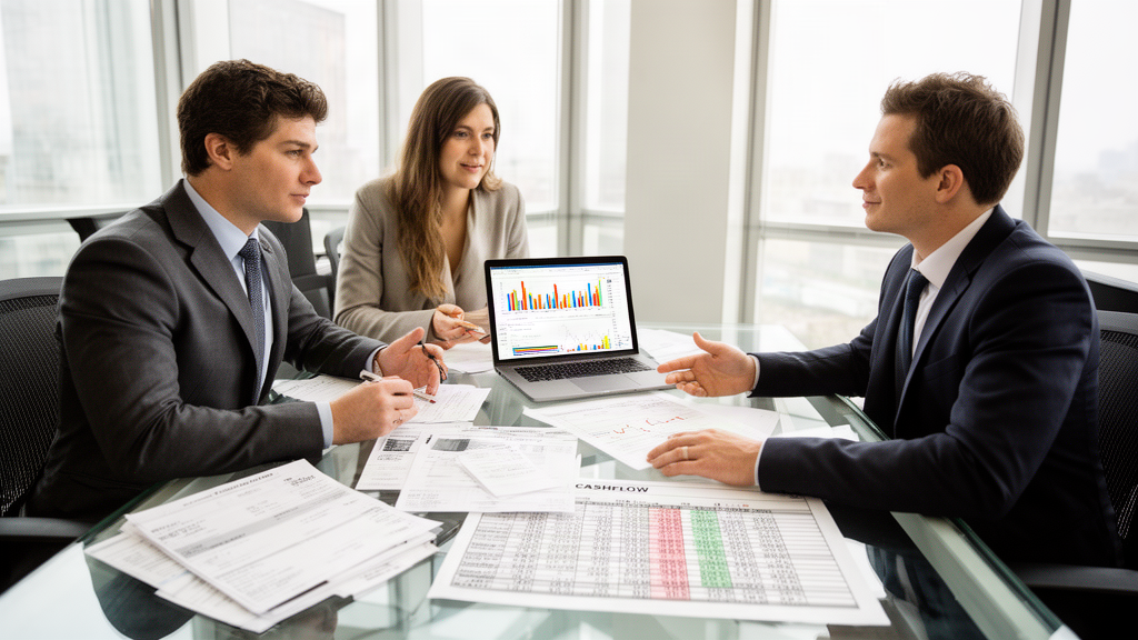 Equipe empresarial analisando extratos e fluxo de caixa em escritório financeiro iluminado