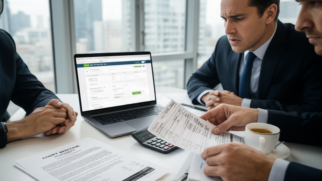 Advogado e CFO analisando extratos e decisão judicial em escritório corporativo com luz natural