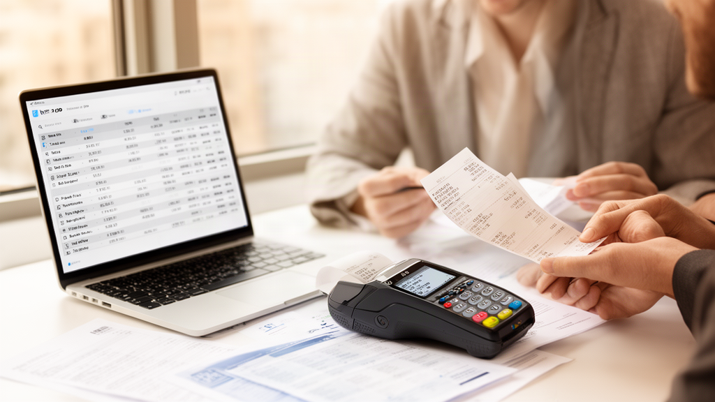 Equipe empresarial analisando extratos e relatórios de recebíveis da maquininha em escritório claro