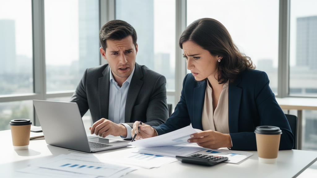 Empresários e consultor revisando contratos e extratos em escritório claro