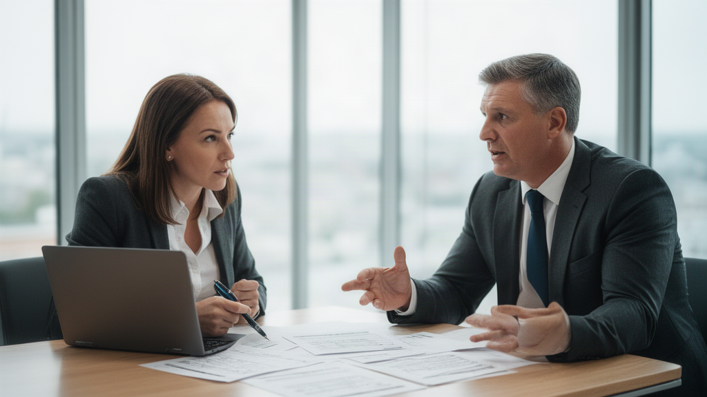 Advogado e diretor financeiro em reunião analisando extratos e apólice em escritório corporativo