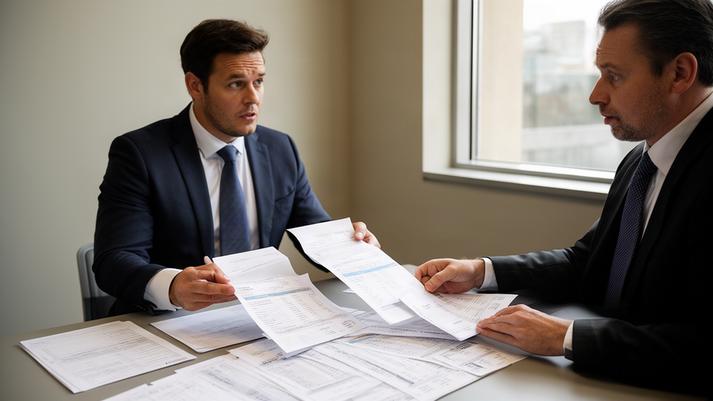 Advogado e gestor em reunião, analisando extratos e folha para pedido de desbloqueio SisbaJud