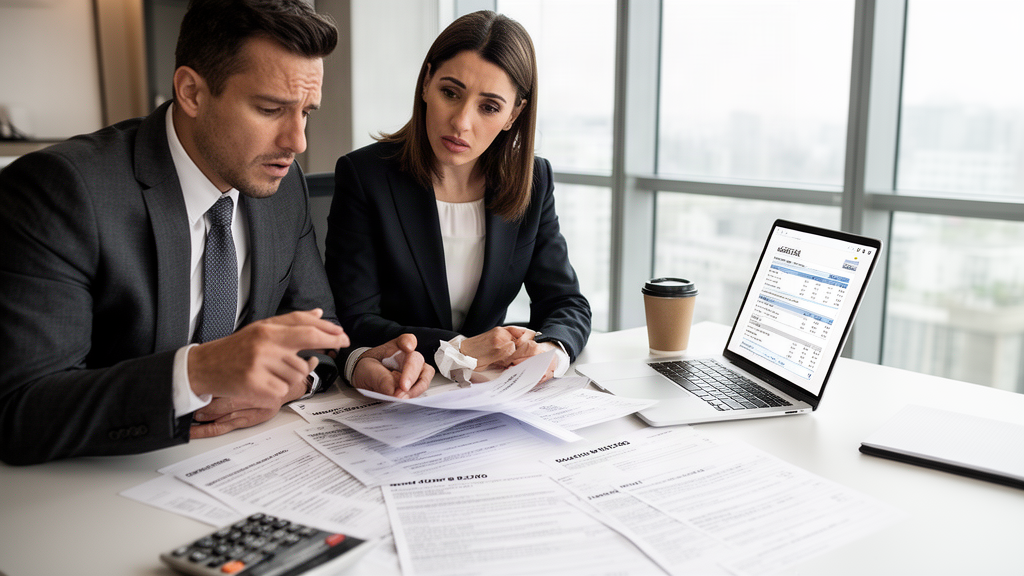 Advogado e executivo revisando contratos bancários e extratos em escritório corporativo