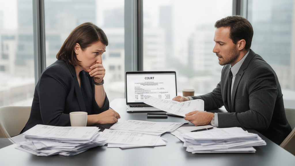Advogado e gestor analisando extratos e documentos para desbloqueio SisbaJud em escritório corporativo