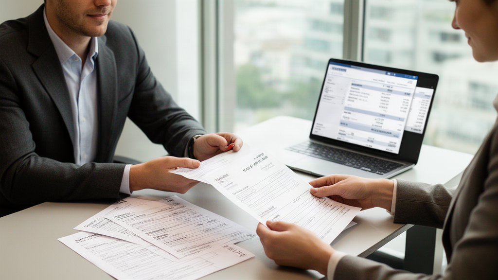 Dois profissionais revisando extratos e contrato de CCB em escritório corporativo