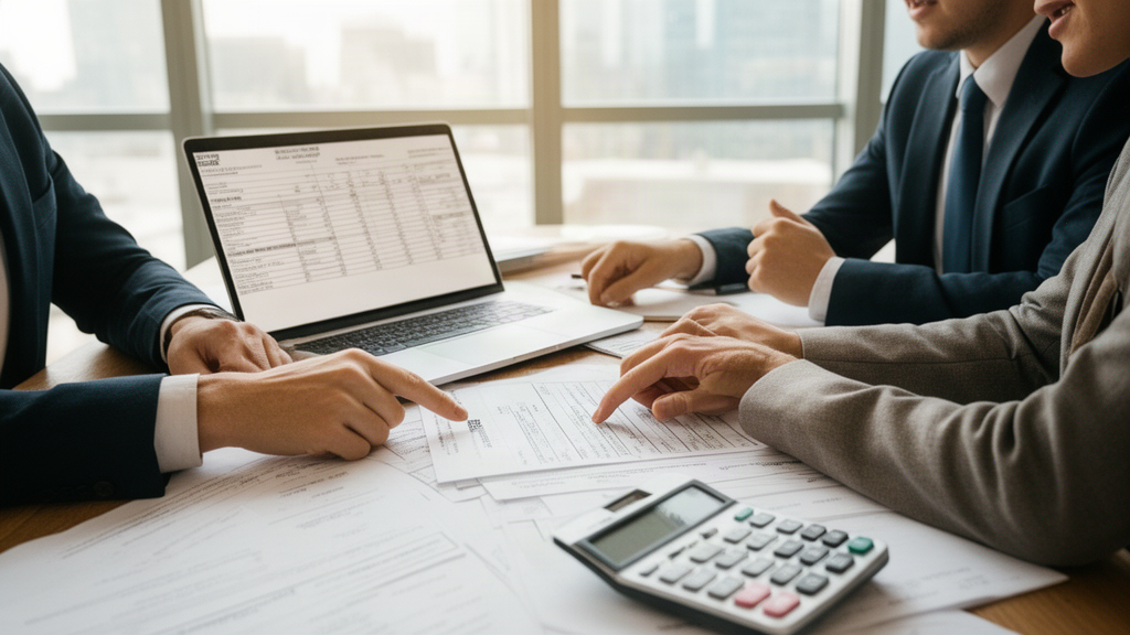 Equipe empresarial analisando extratos e planilha para identificar tarifas ocultas em CCB PJ