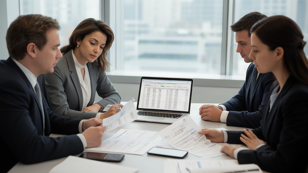 Equipe empresarial analisando extratos e planilha em reunião para revisar tarifas bancárias