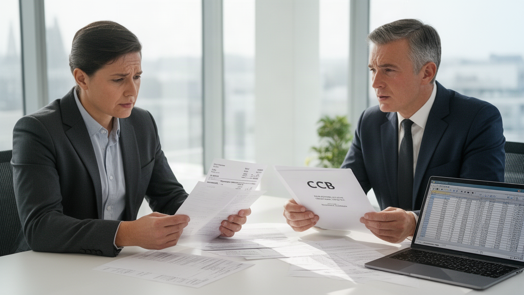 Advogado e diretor financeiro analisando CCB e extratos na sala de reuniões
