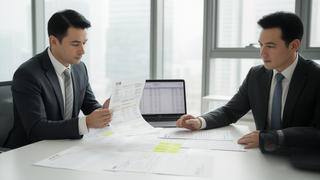 Advogado e gerente analisando CCB e extratos em escritório corporativo sob luz natural