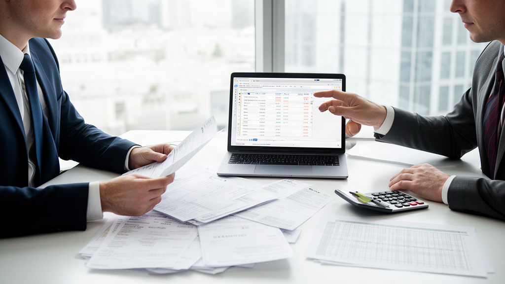 Reunião corporativa com documentos bancários e planilha discutida entre dois profissionais