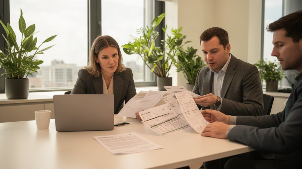 Equipe empresarial analisando contratos, extratos e planilha de recebíveis em escritório iluminado