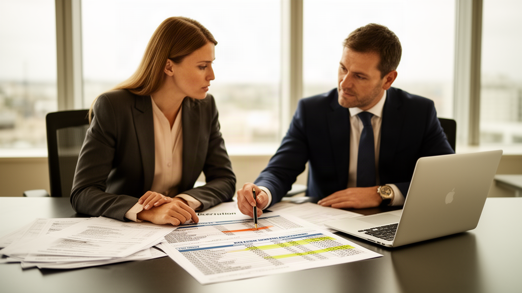 Advogado e diretor financeiro analisando extratos e planilha em escritório corporativo