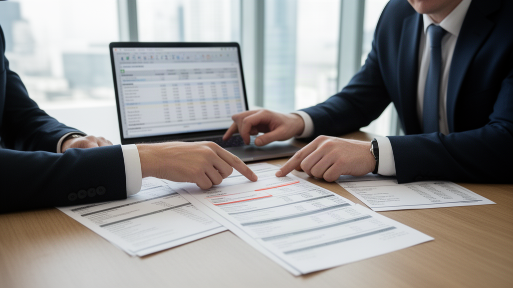 Advogado e contador analisando extratos bancários e planilha em escritório corporativo