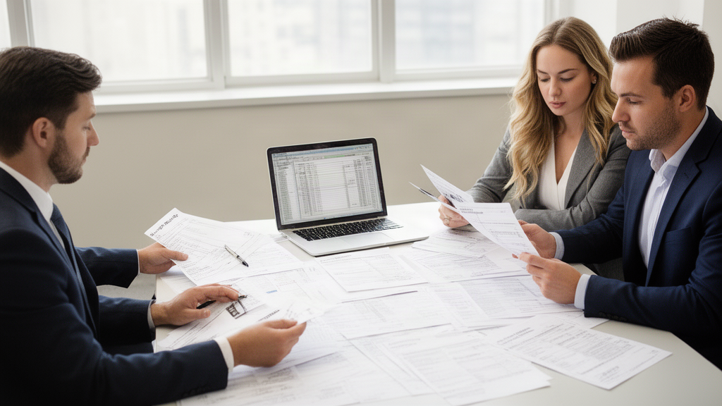 Reunião empresarial analisando extratos e contratos bancários em mesa com laptop