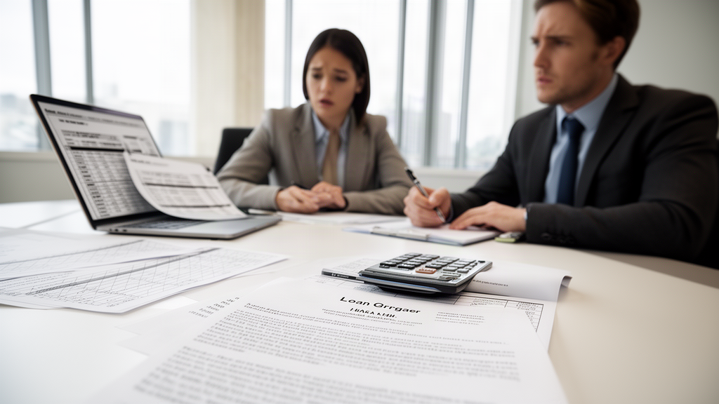 Empresários analisando extratos e contrato bancário em mesa de reunião com laptop e planilhas