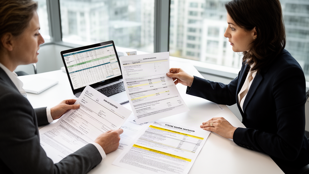 Empresário e contador analisando extratos e contrato em escritório corporativo, luz natural