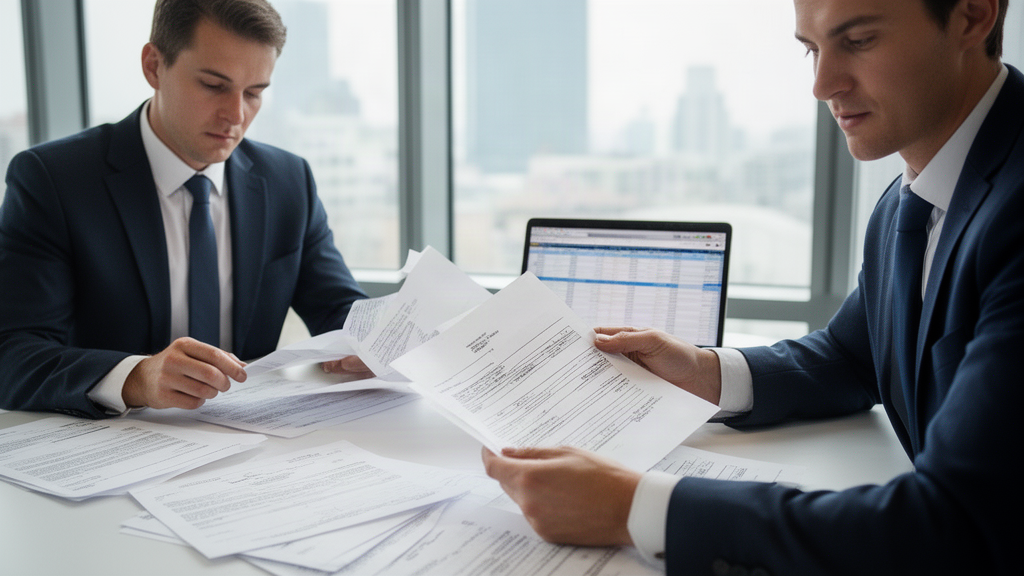 Empresários analisando extratos e contratos em sala corporativa, luz natural