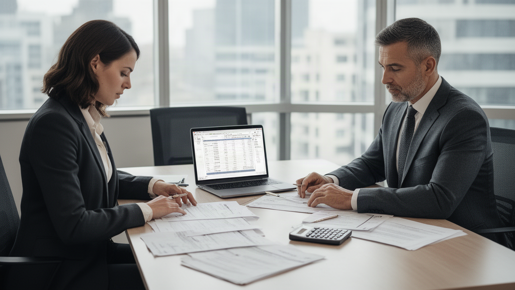 Advogado e empresário analisando contratos e extratos bancários em mesa de reunião