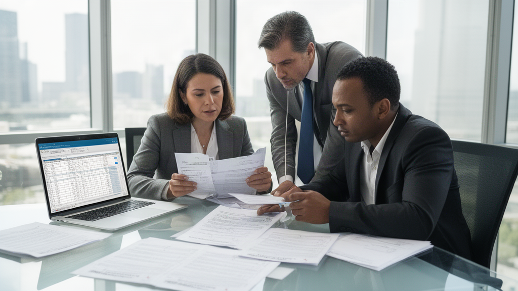 Empresária e contador analisando contratos e extratos em escritório corporativo iluminado