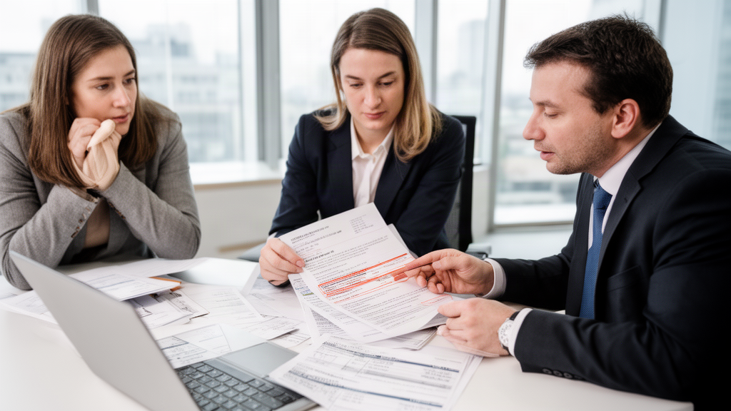 Equipe empresarial analisando contrato e extratos em uma mesa de escritório, luz natural