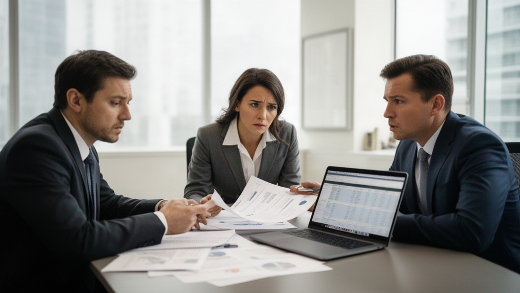 Executivos em reunião revisando contratos e demonstrativos financeiros em escritório corporativo