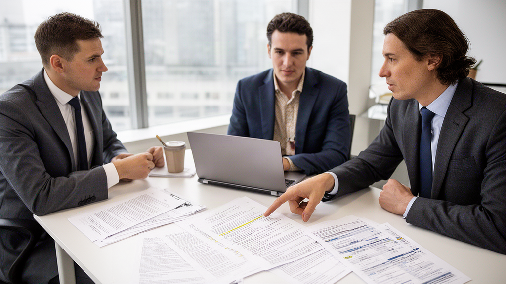Equipe empresarial analisando contrato e extratos bancários em reunião clara e profissional