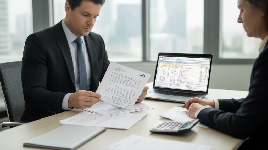 Advogado e empresário analisando contrato bancário e extratos numa sala de reuniões