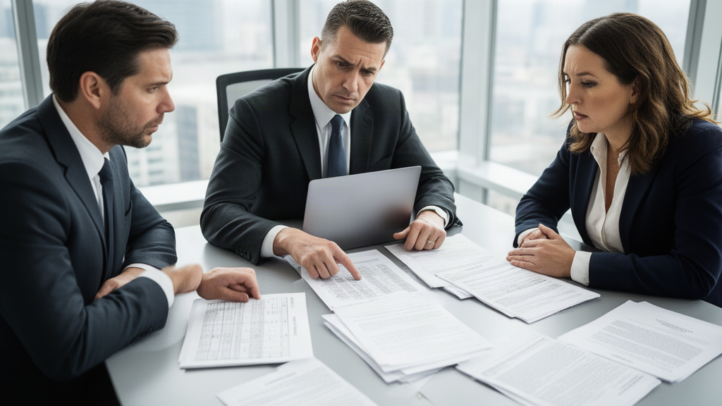 Executivos e advogado analisando contratos e extratos bancários em reunião corporativa
