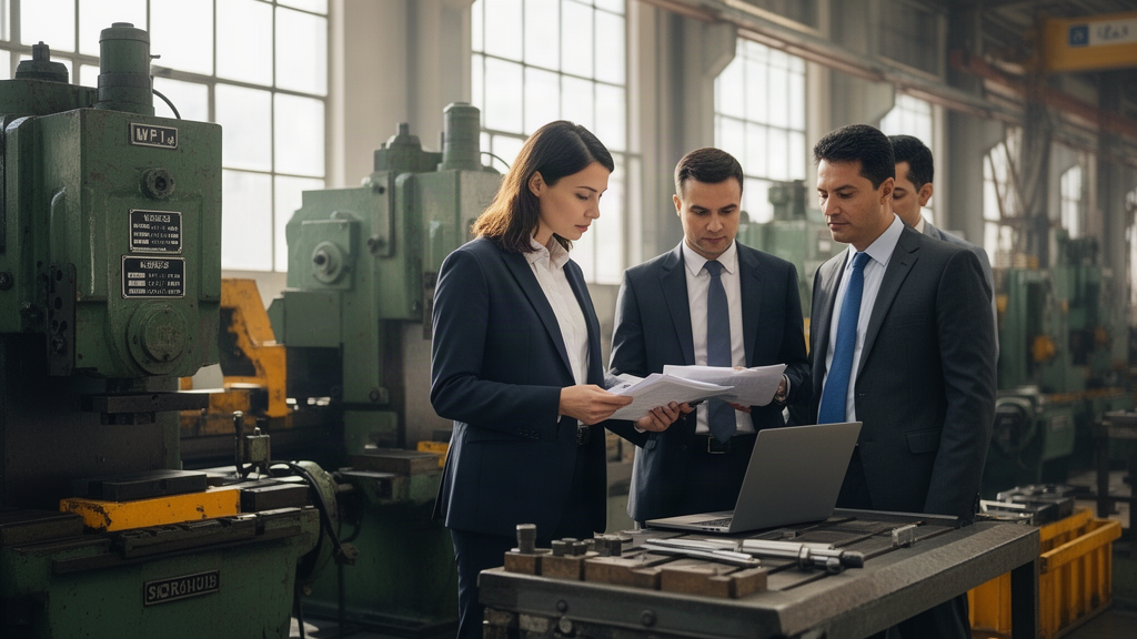 Advogado e gestores da empresa analisam documentos junto a máquinas industriais apreendidas