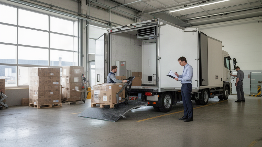 Gestor e trabalhadores em doca com caminhão refrigerado e documentos de transporte