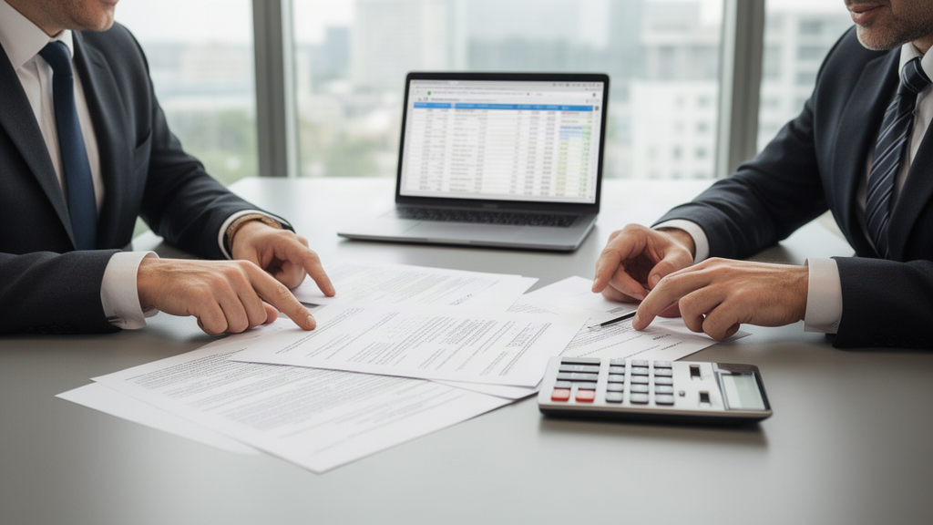 Advogado e CFO revisando planilha e contrato bancário em escritório corporativo à luz natural